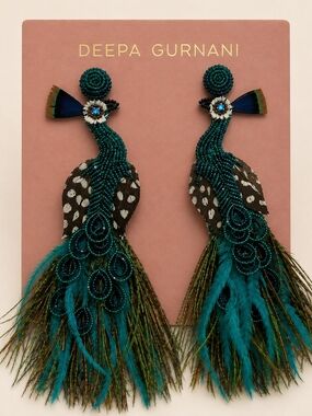 Anthropologie Teal Peacock Feather Statement Earrings By Deepa Gurnani